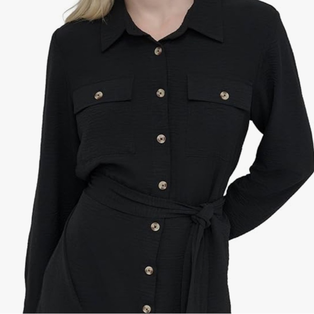 NWT DKNY Dress size 4 Black Women's Long Sleeve Collared Tie Waist Midi - Picture 6 of 7